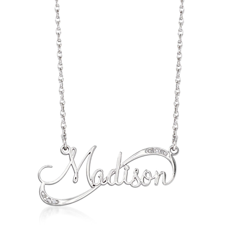 Sterling silver infinity name necklace with diamond accents, Maddison cursive
