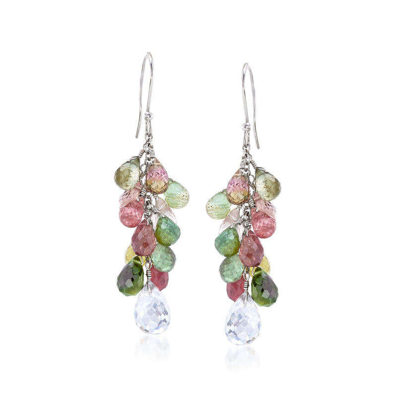 Sterling silver drop earrings with multicolored gemstones and clear teardrop stones