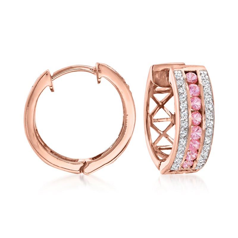 Rose gold hoop earrings with pink sapphire and white zircon accents