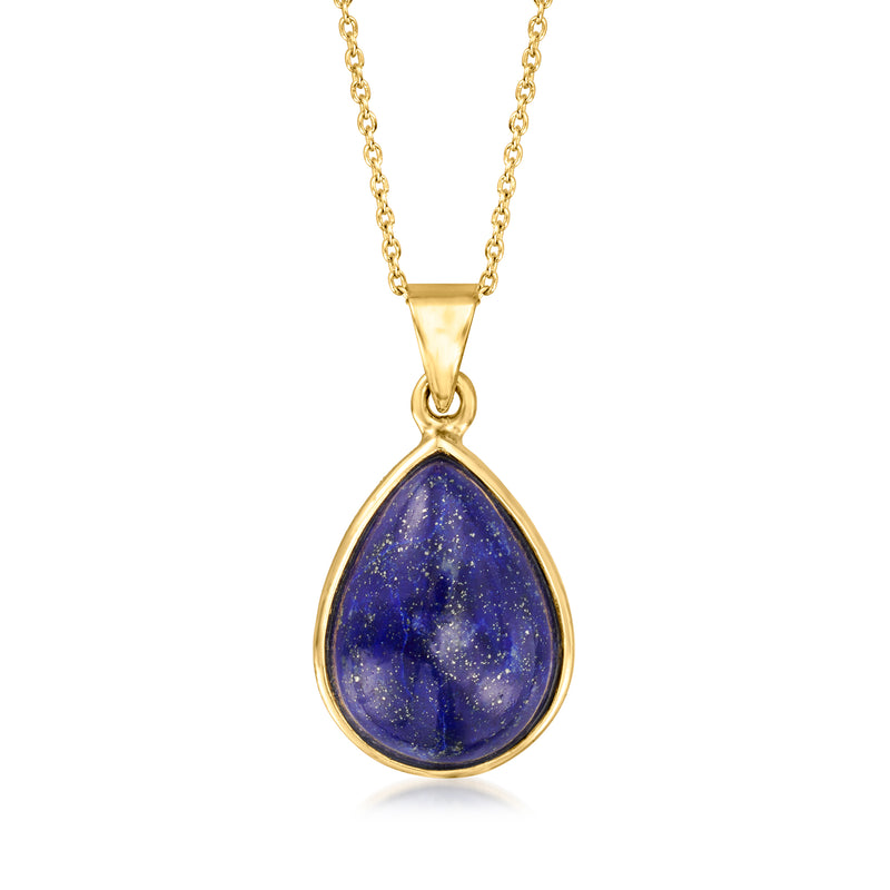 Lapis pear cabochon pendant necklace with gold over sterling chain and teardrop setting