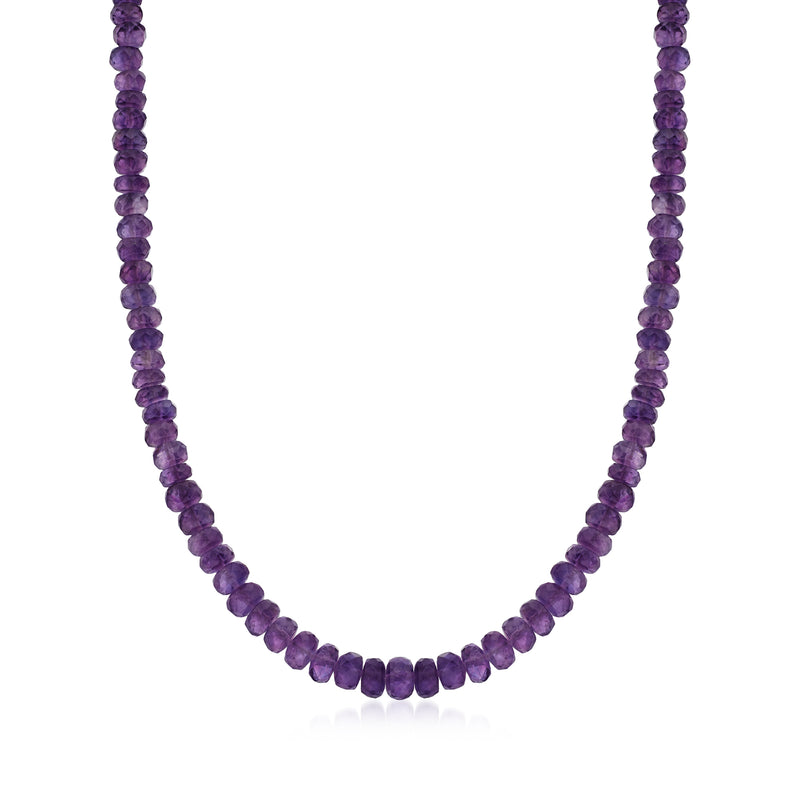 Amethyst bead necklace with round purple beads, even bead strand