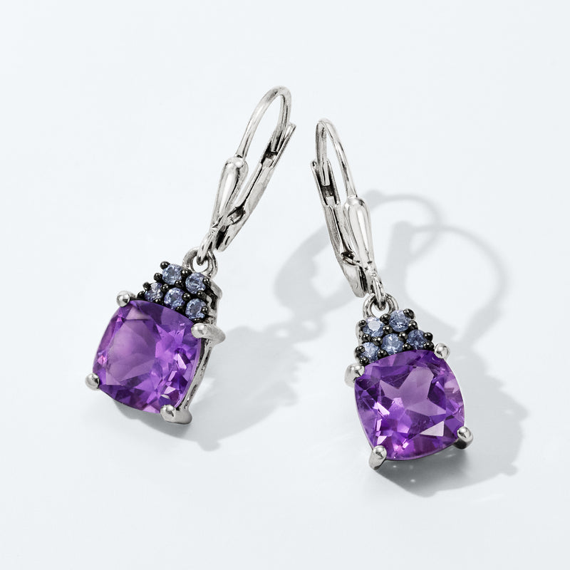 Amethyst and tanzanite drop earrings, leverback sterling silver with purple centers and blue accents
