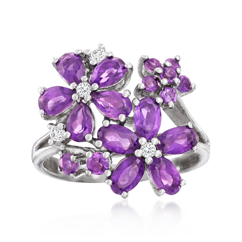 Sterling silver amethyst flower ring with white zircon accents