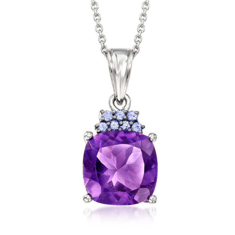 Sterling silver pendant necklace with purple amethyst oval stone and blue accents