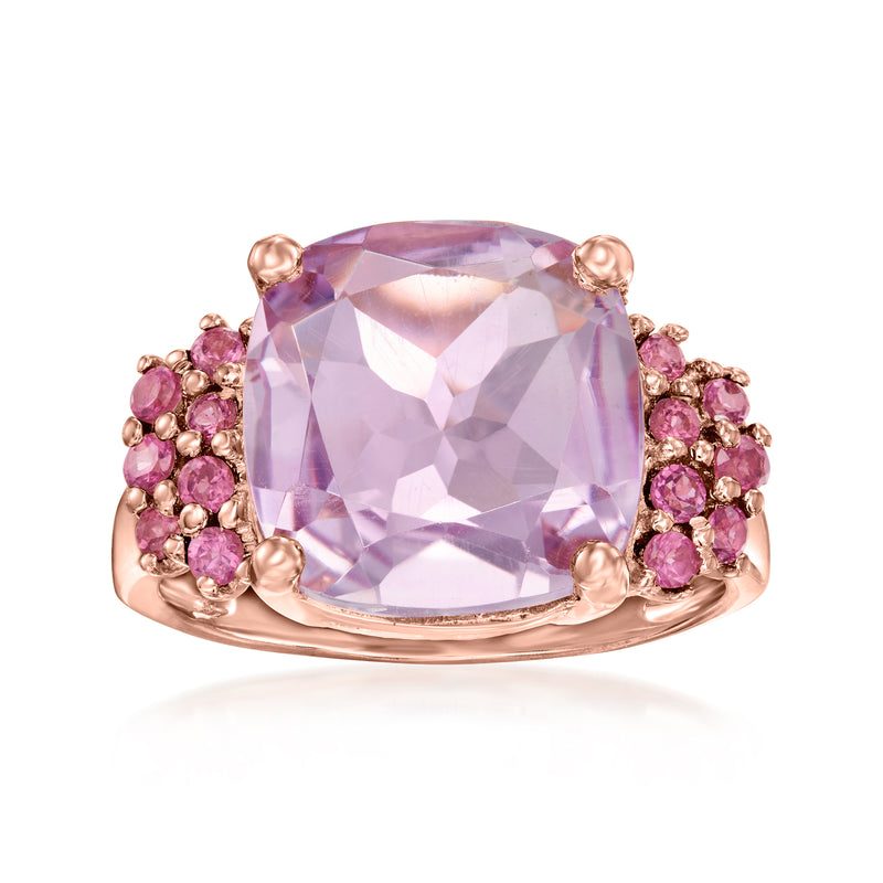 Amethyst and rhodolite ring with cushion-cut purple center in rose gold setting