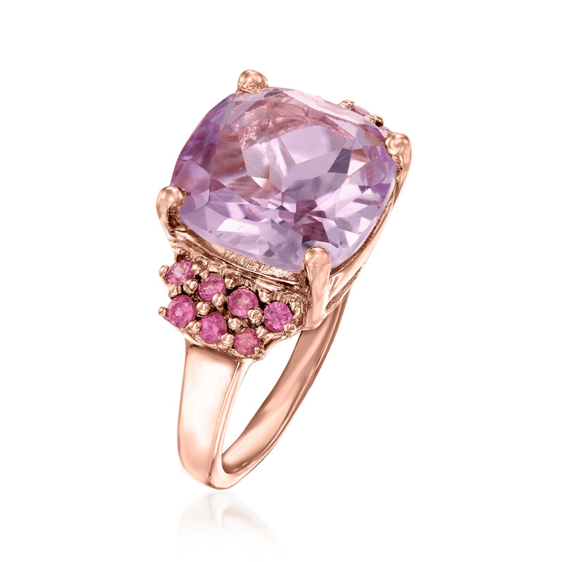 Cushion-cut amethyst ring with pink rhodolite cluster sides and rose gold band