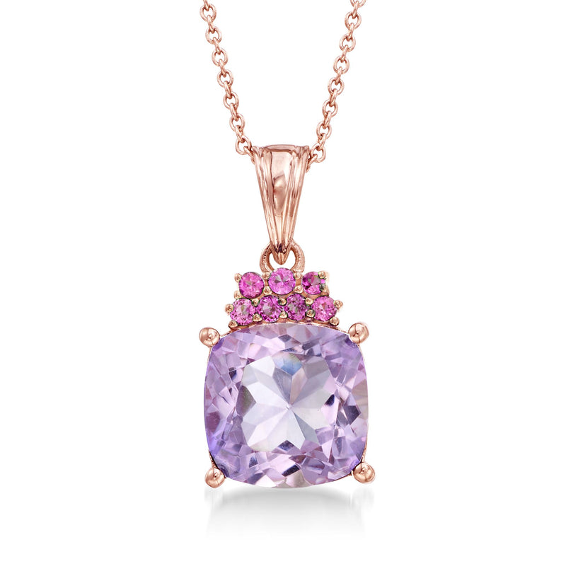 Rose gold amethyst and pink gemstone pendant necklace, oval faceted amethyst with pink accents