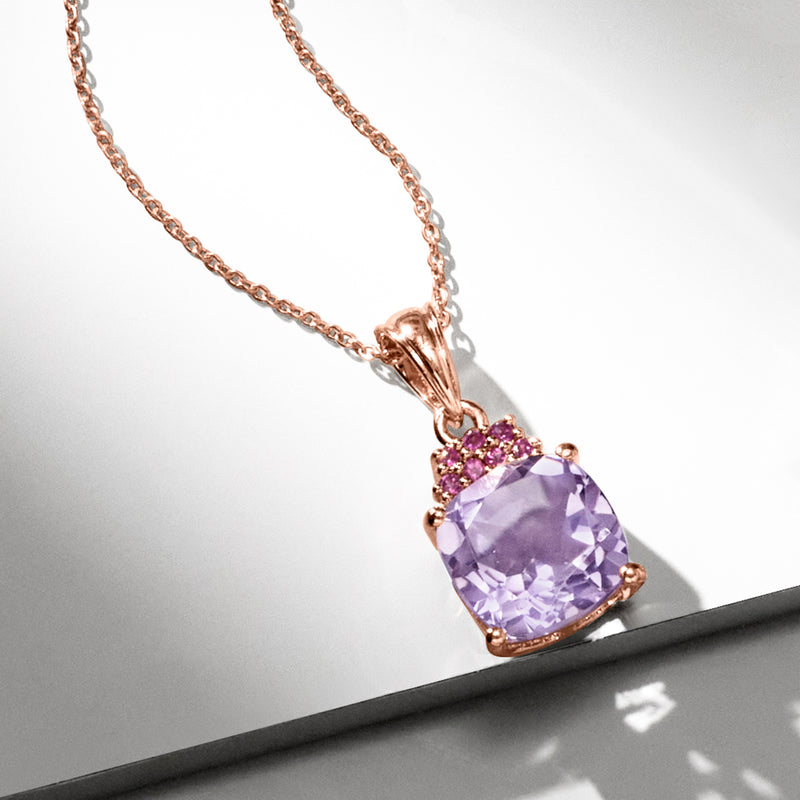 Rose gold amethyst pendant necklace with large cushion-cut lavender stone and pink halo