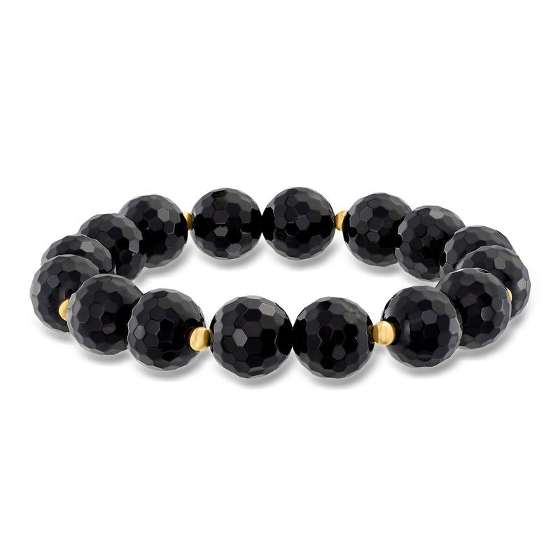 Onyx bead stretch bracelet with small 14kt yellow gold spacers, dark faceted beads