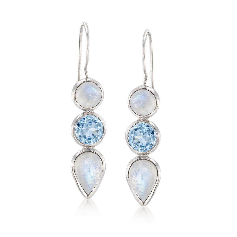 Sterling silver drop earrings with moonstone and blue topaz round and teardrop stones