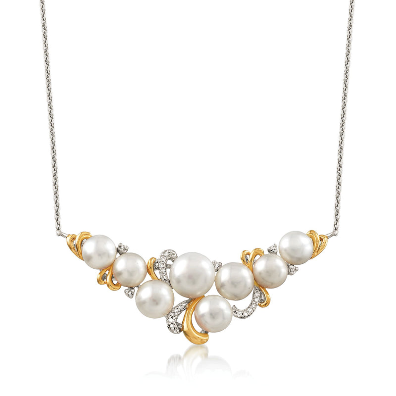 Cultured pearl necklace with 5–7mm white pearls, diamond accents, sterling-silver chain