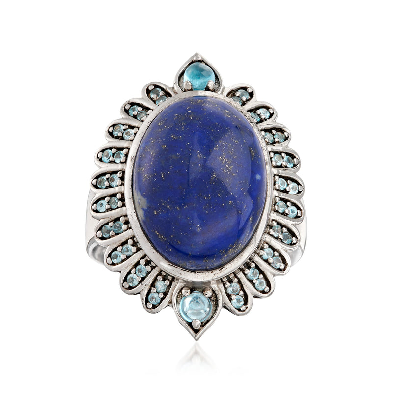 Sterling silver oval lapis-blue topaz ring with halo of Swiss blue stones