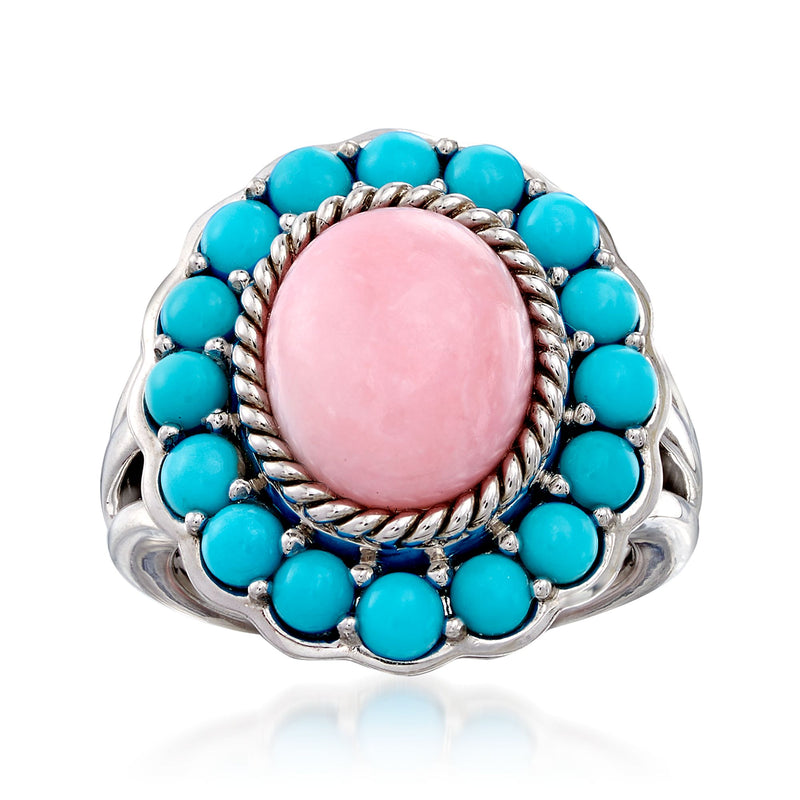 Sterling silver ring with pink opal cabochon and turquoise bead surround