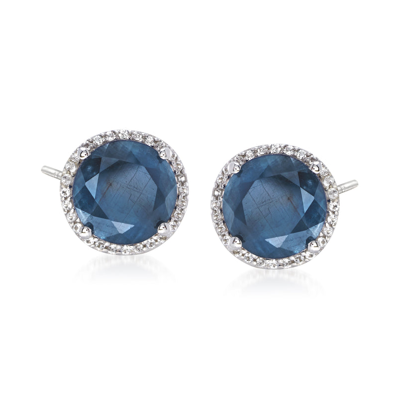 Sterling silver round sapphire stud earrings with halo of white stones and post backs