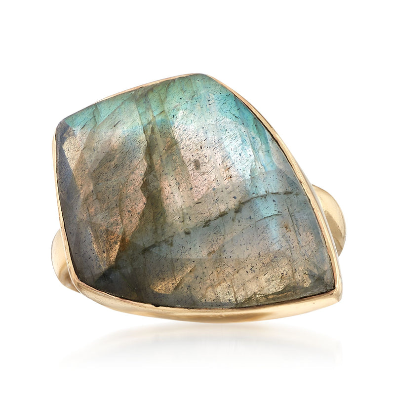 Gold-plated ring with kite-shaped labradorite gemstone, faceted blue-green flash
