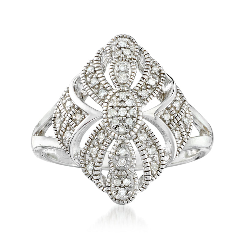 Sterling silver openwork ring with diamond-like stones and milgrain border