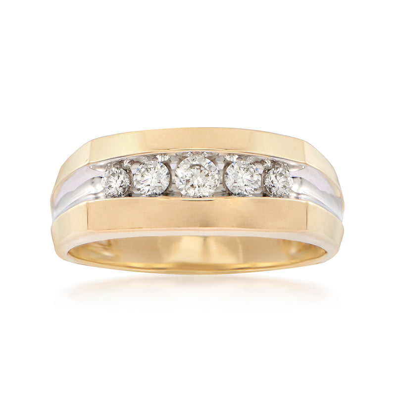 Two-tone 14kt gold wedding ring with a row of round diamonds across the top