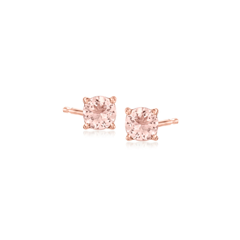 Morganite stud earrings in rose gold tone with round pink gemstone, prong-set