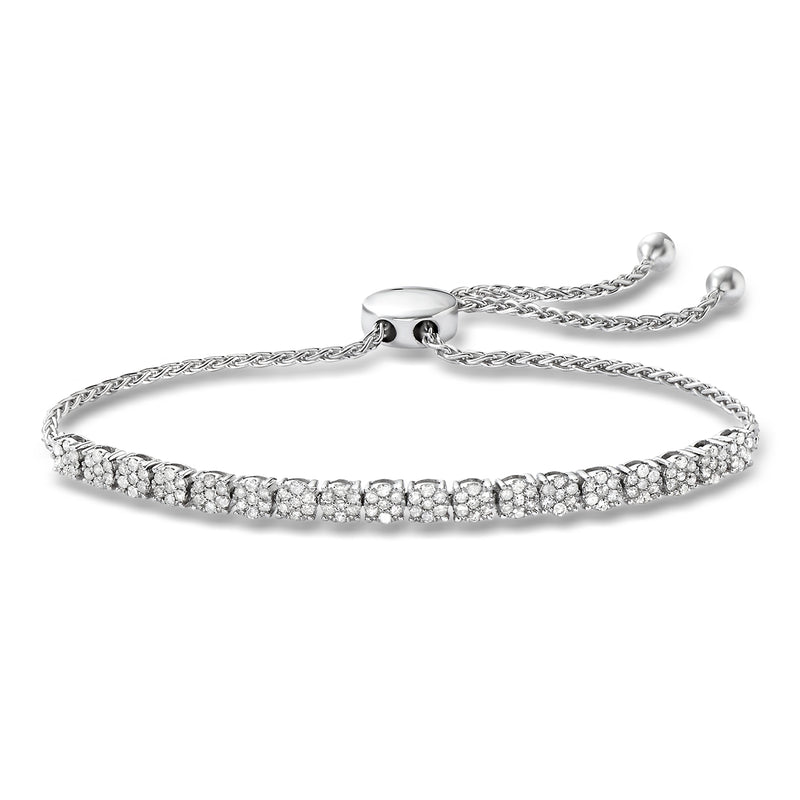 Sterling silver diamond bolo bracelet with a slim row of cluster stones