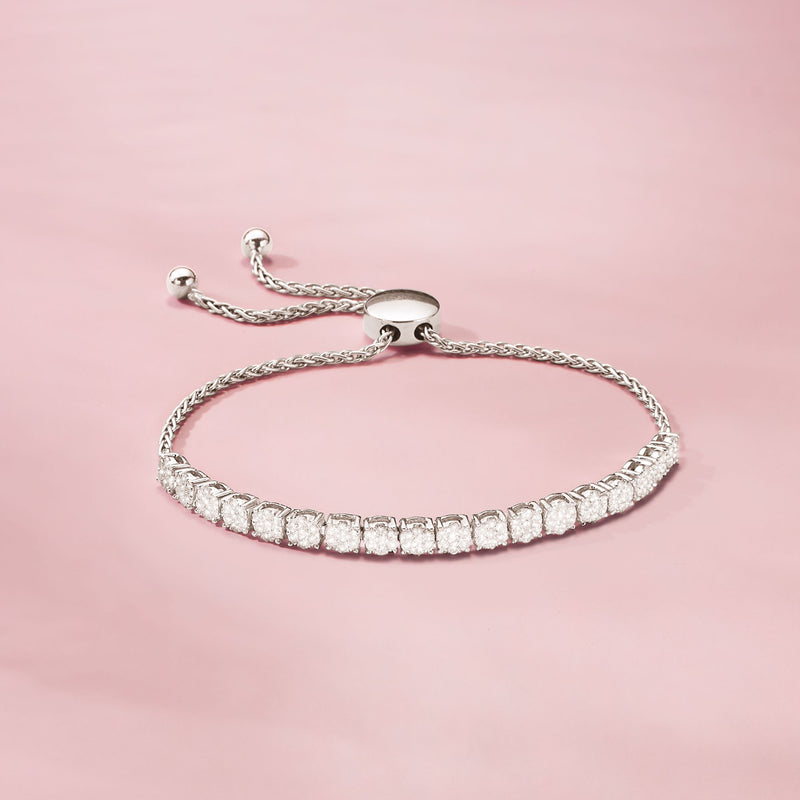 Sterling silver diamond bolo bracelet with sliding chain and central clasp