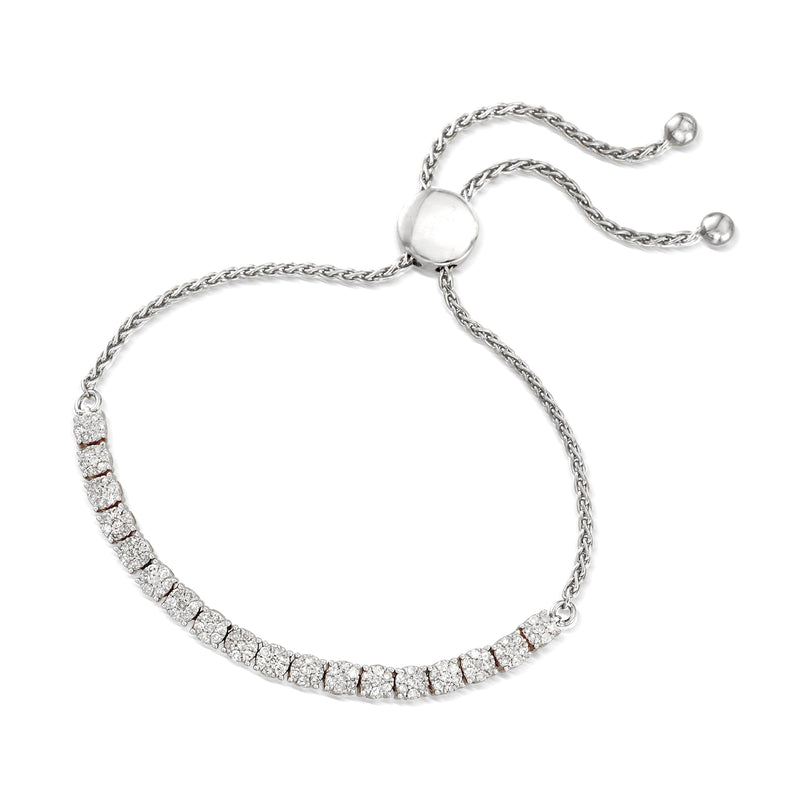 Sterling silver diamond bolo bracelet with heart-shaped clasp and link chain