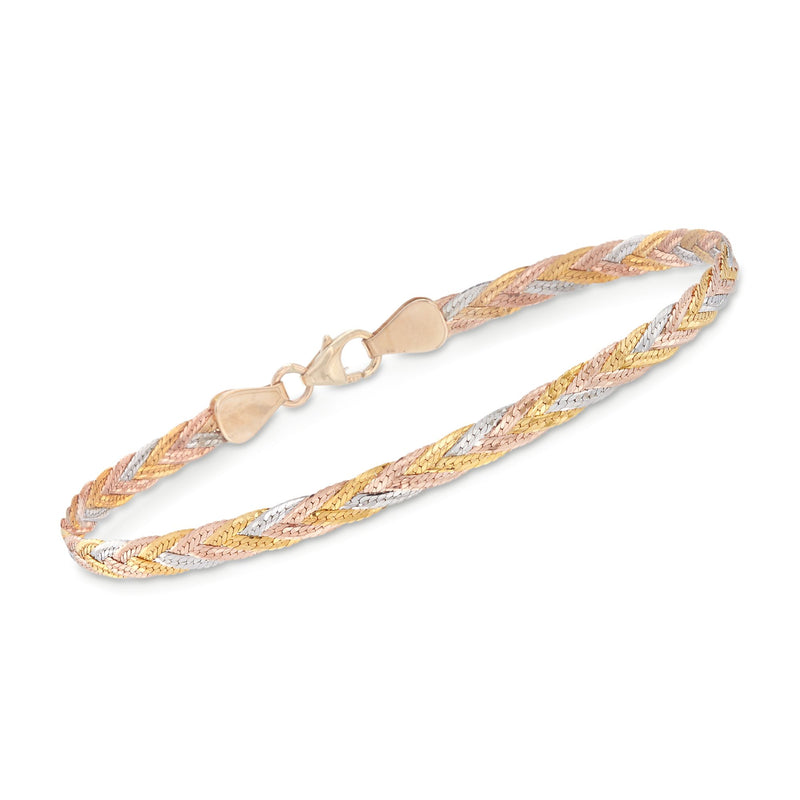 Tri-colored gold braided herringbone bracelet with oval link clasp