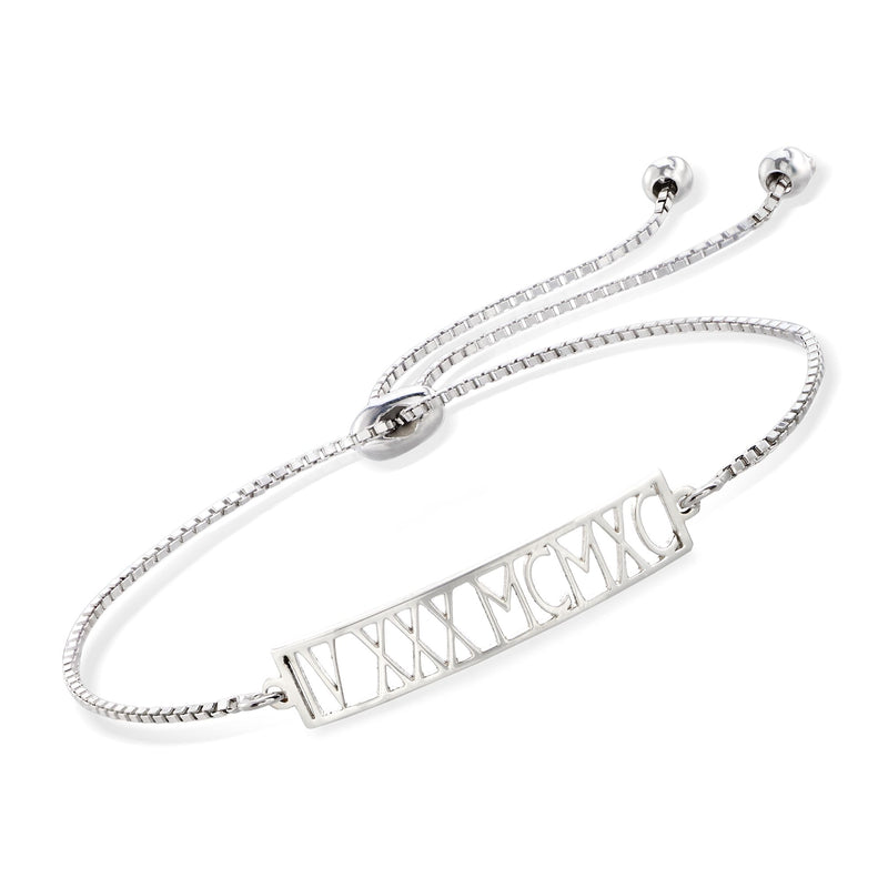 Sterling silver bolo bracelet with rectangular date bar engraved in Roman numerals