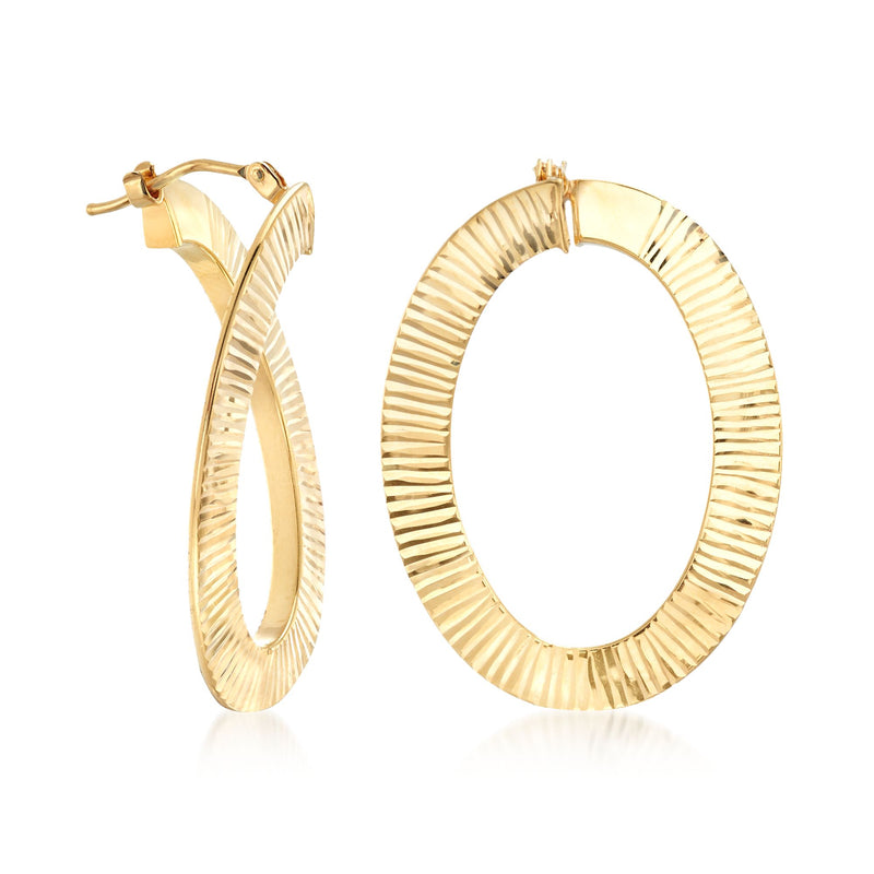 14kt yellow gold ribbed oval hoop earrings with hinged post clasp