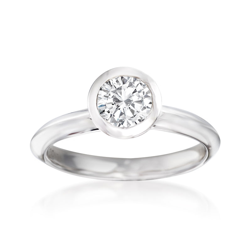 14kt white gold bezel-set round diamond ring, single stone with high-polish band
