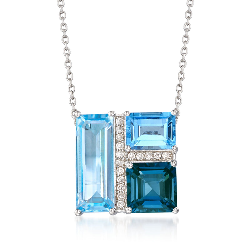 Sterling silver geometric pendant necklace with blue topaz, white zircon accents and chain
