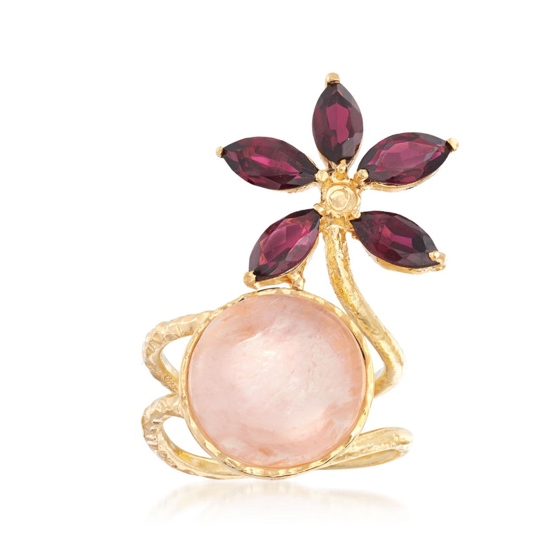 Gold over sterling silver flower ring with rose quartz center and rhodolite garnet petals