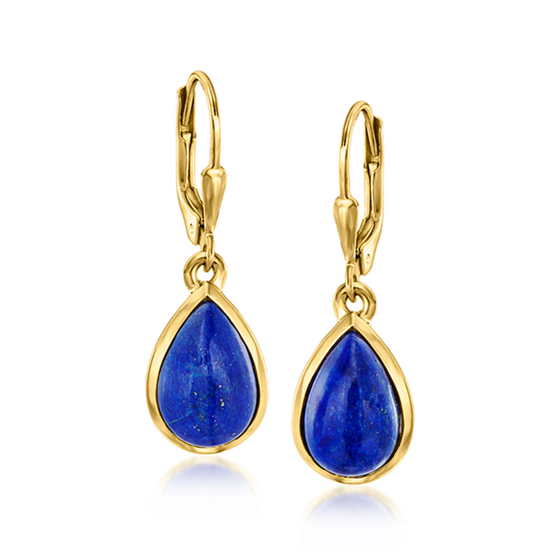 Gold leverback teardrop earrings with blue lapis-style stone drops.