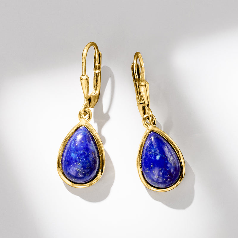 Gold leverback teardrop earrings with blue lapis-style stone, oval teardrop.