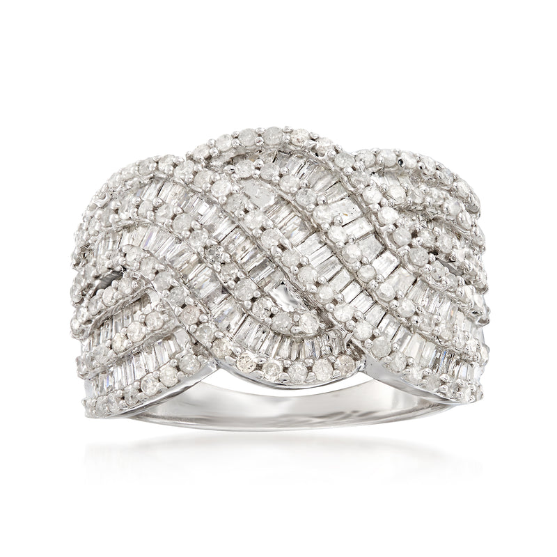 Sterling silver diamond wave ring with pave-set stones, three-wave curved band
