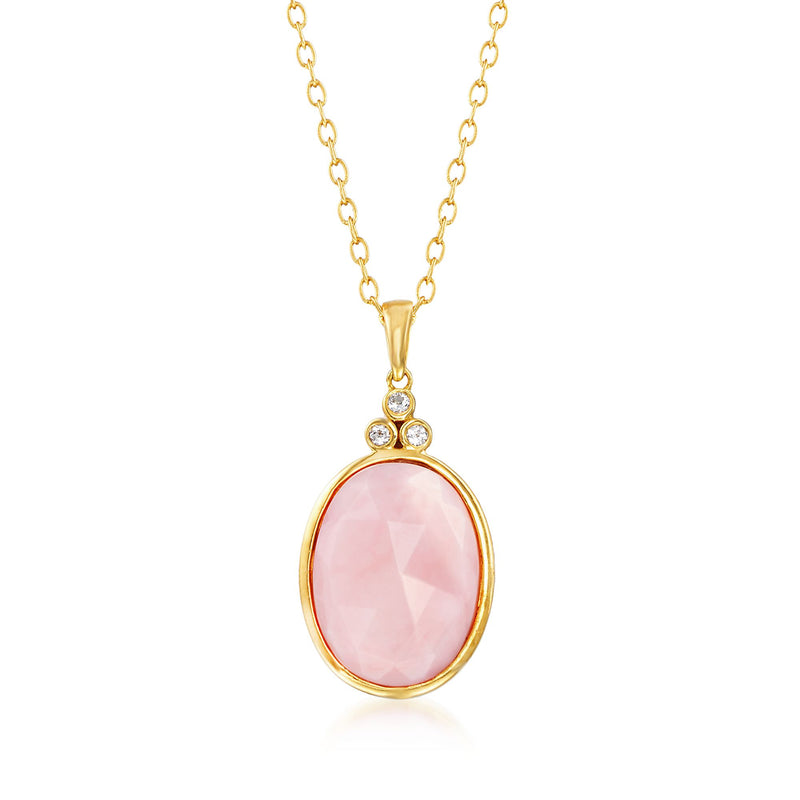 Oval pink opal pendant necklace with white topaz accents on 18kt gold over sterling chain
