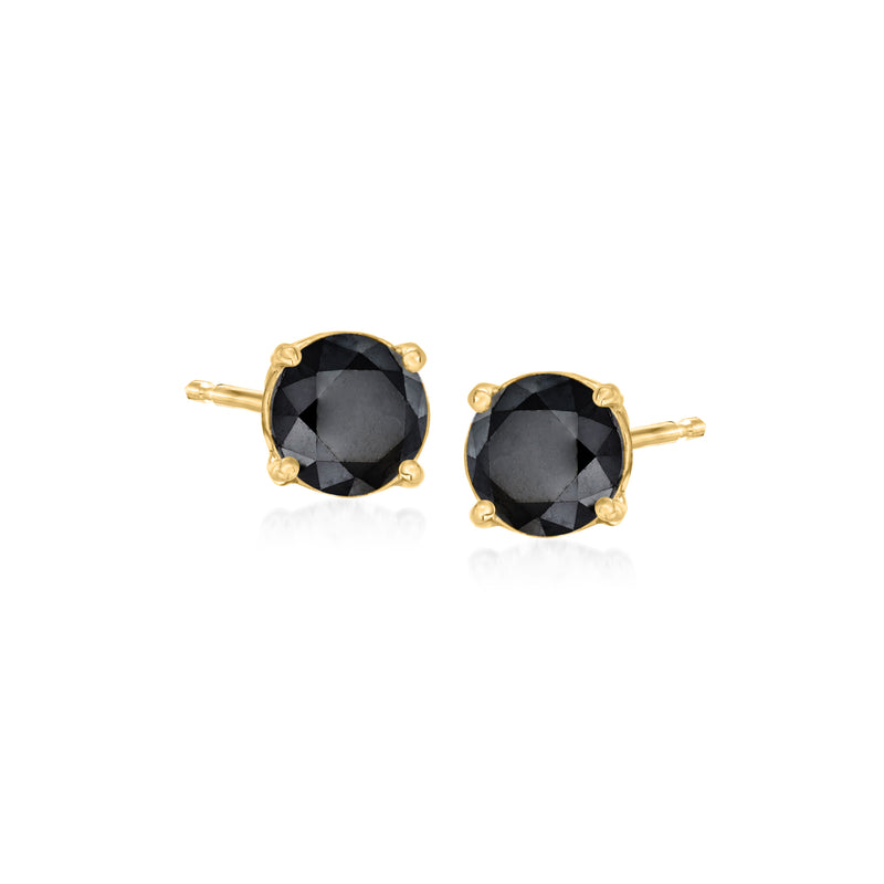 14kt yellow gold diamond stud earrings with round black gemstones, bezel settings