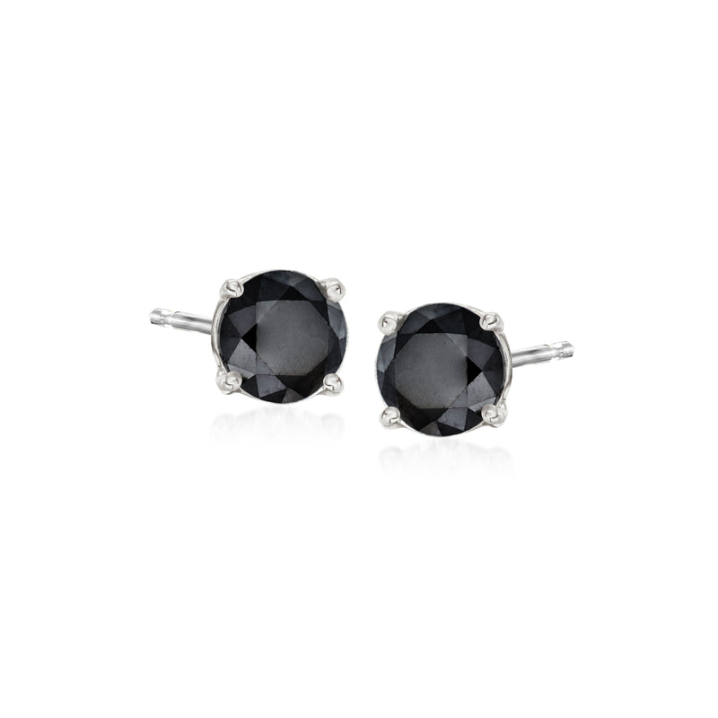 Black diamond stud earrings in 14kt white gold, faceted round black stones