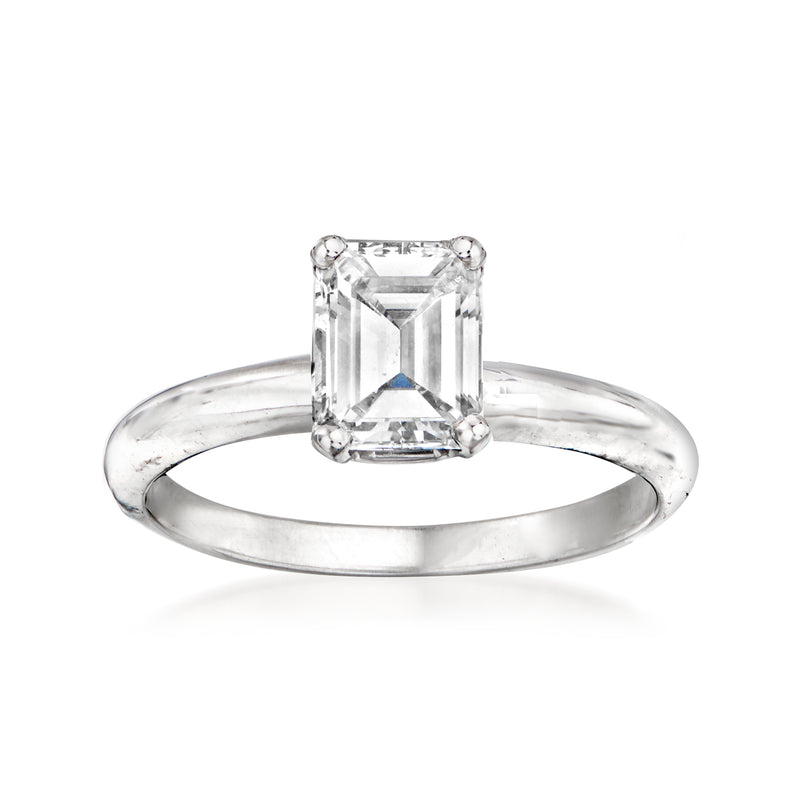 14kt white gold solitaire engagement ring with emerald-cut diamond center