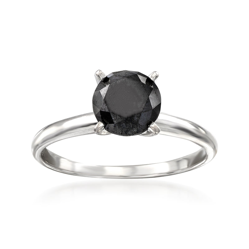 14kt white gold solitaire ring with round black diamond center, four prongs