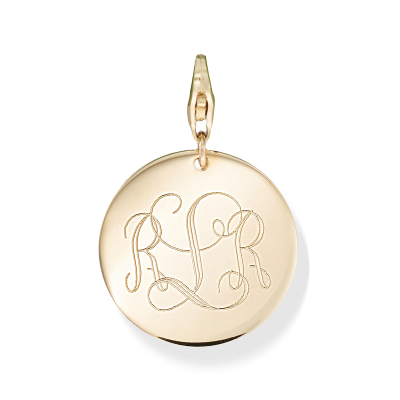 14kt yellow gold personalized disc pendant with engraved monogram initials