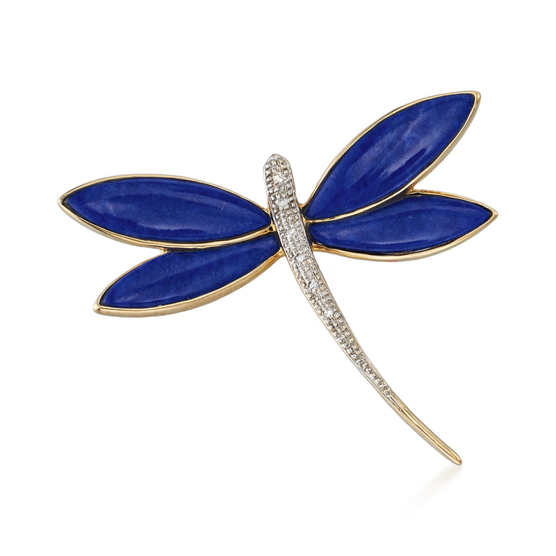 14kt yellow gold dragonfly pin with lapis-blue enamel wings and diamond accents