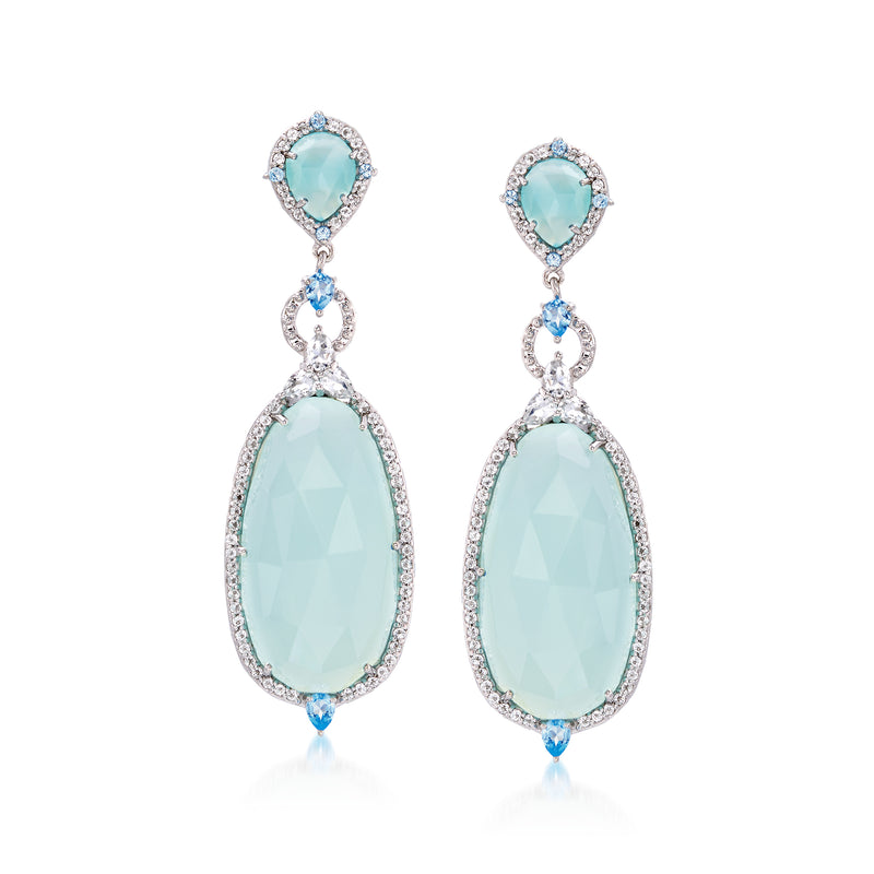 Aqua chalcedony drop earrings in sterling silver with white stone halos and blue teardrop accents