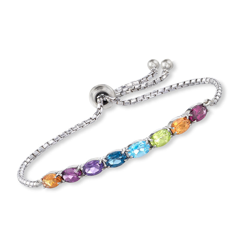 Sterling silver bolo bracelet with colorful oval multi-stone bar settings and clasp