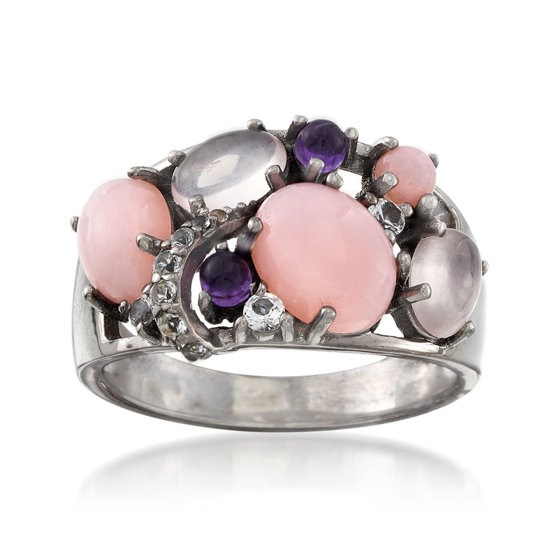 Sterling silver multi-stone ring with pink and purple oval stones, white accents