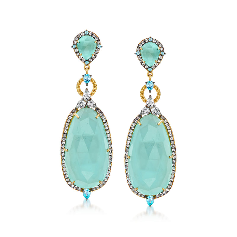 Gold-tone drop earrings with oval aqua chalcedony, blue and clear stone halos