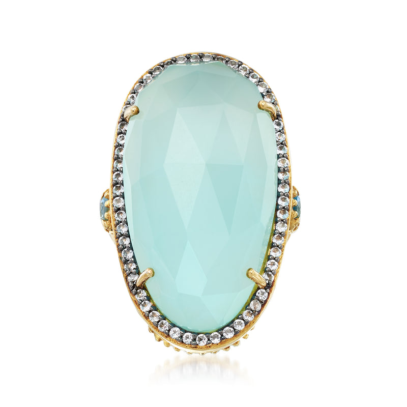 Aqua chalcedony ring with blue and white topaz in 18kt gold over sterling
