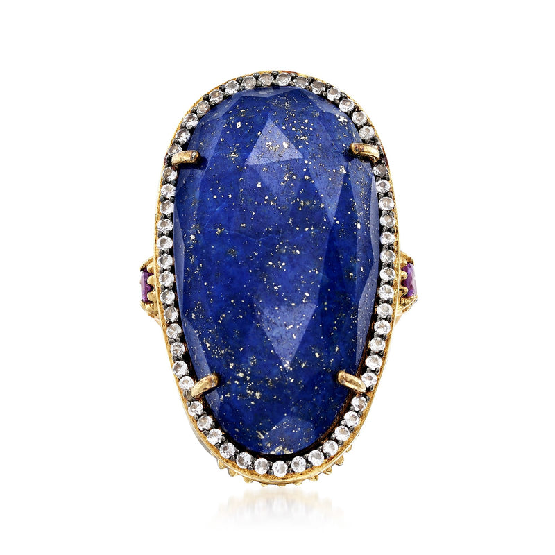Lapis oval gemstone ring with gold-tone prongs and clear stone halo, 18kt gold over sterling