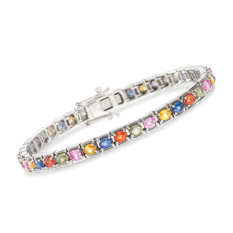 Sterling silver tennis bracelet with multicolored square-cut sapphire stones