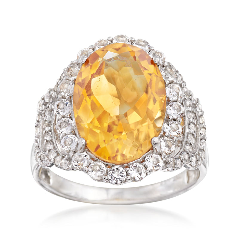 Oval citrine and white topaz halo ring in sterling silver