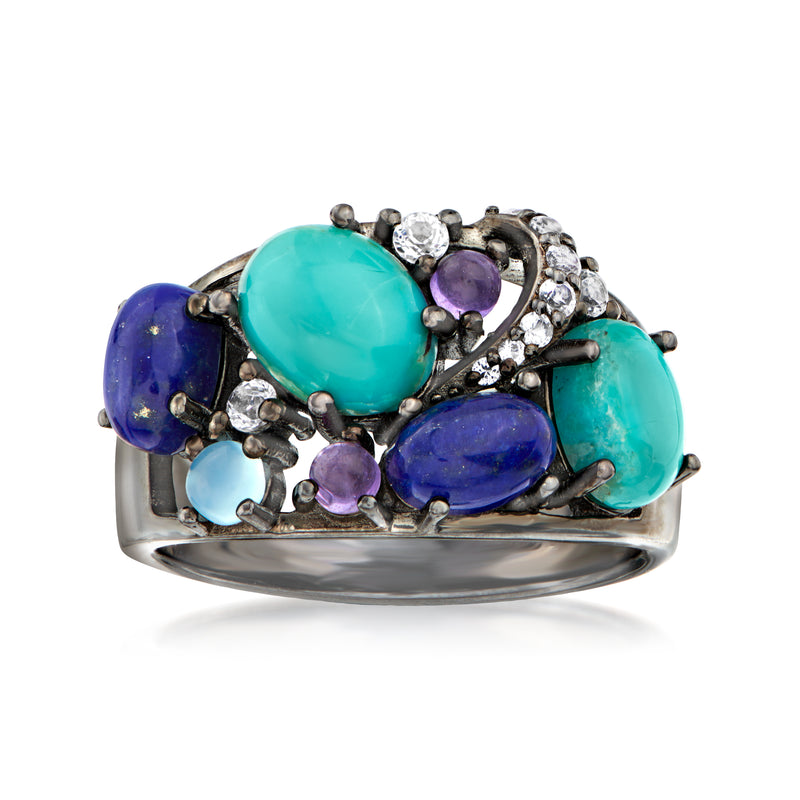 Sterling silver multi-gem ring with oval turquoise and lapis stones, accented by small clear gems